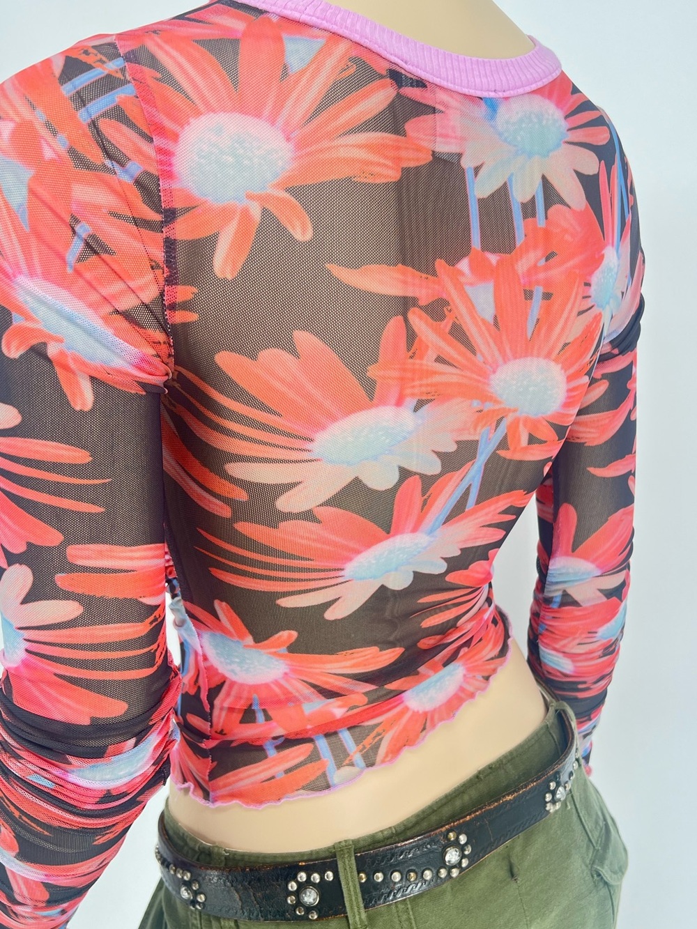 Urban Outfitters Sheer Floral Mesh Long-Sleeve Top - Pink & Black fairy, raver, - Picture 4 of 6